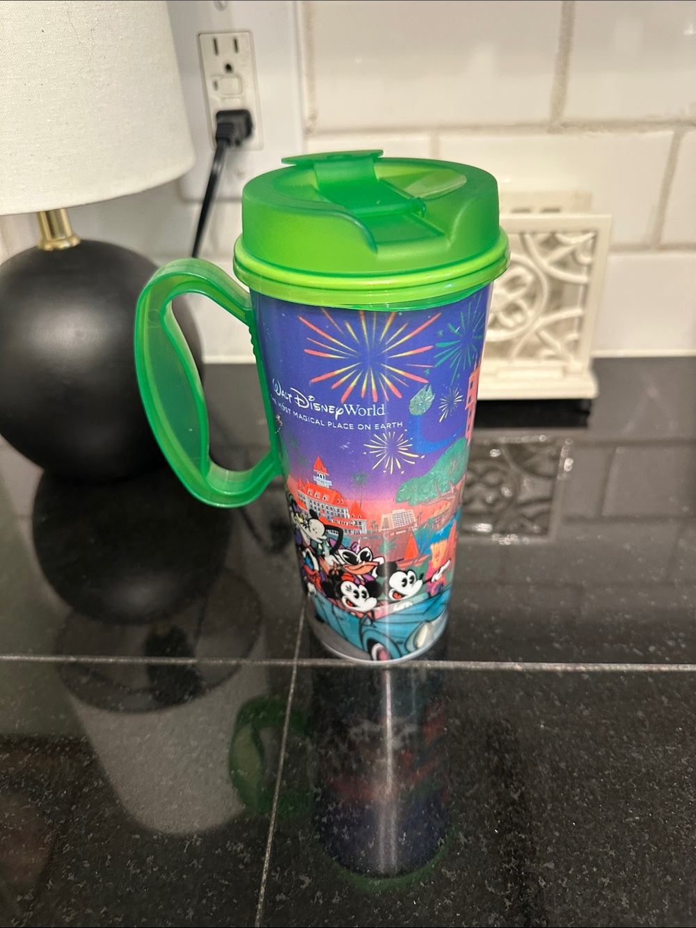 Disney Travel Mug with Bright Green Handle and Lid, Fireworks Scene